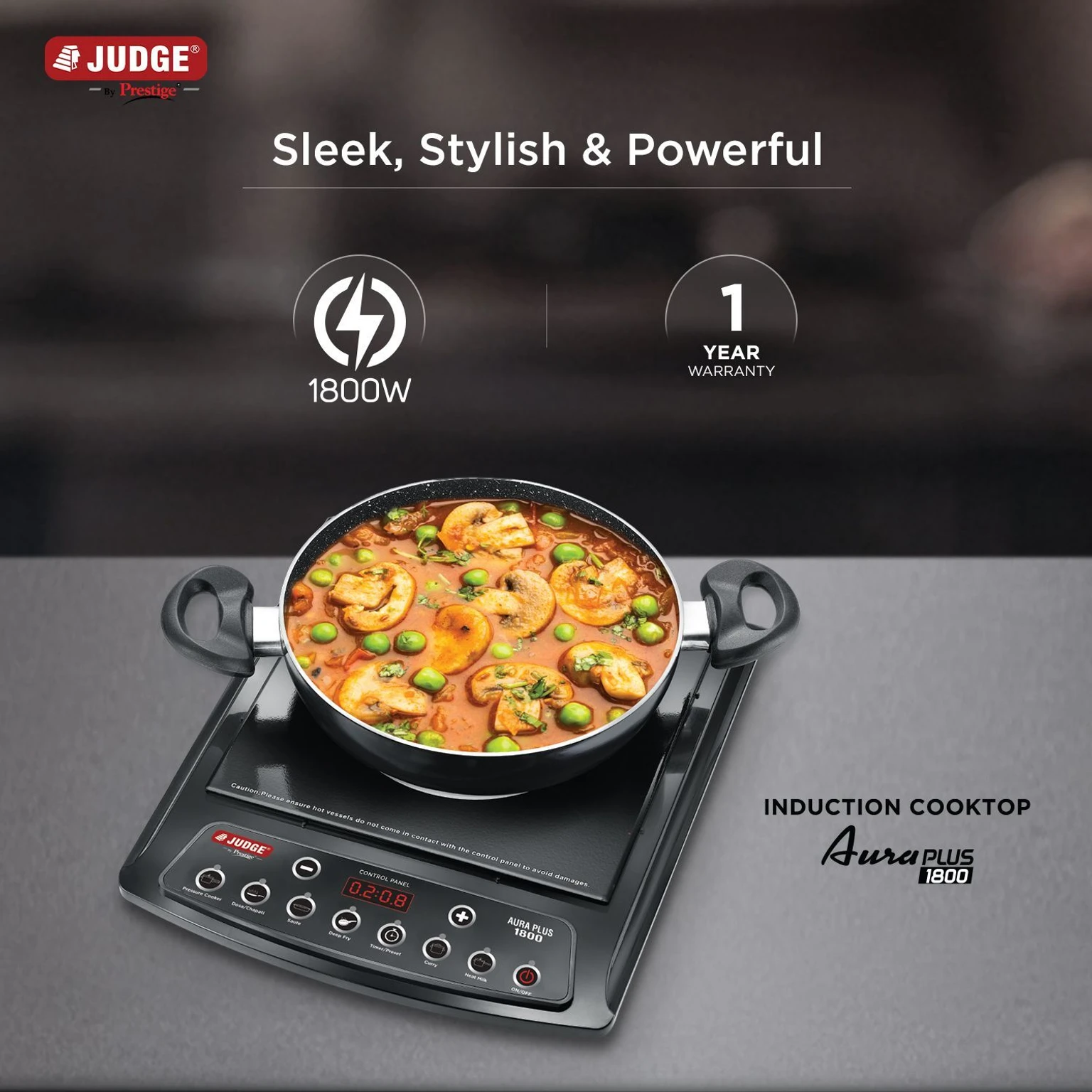Judge Prestige 1800 W Induction Cooktop Push Button (Black, Aura Plus Multiple Indian Menu Option|Convenient Timer Function)